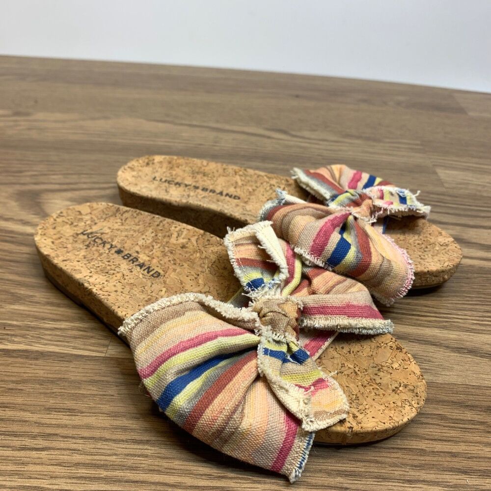 Lucky Brand Floella Canvas Bow Slide Sandal Women's Size 6 M Multi Cork Flats